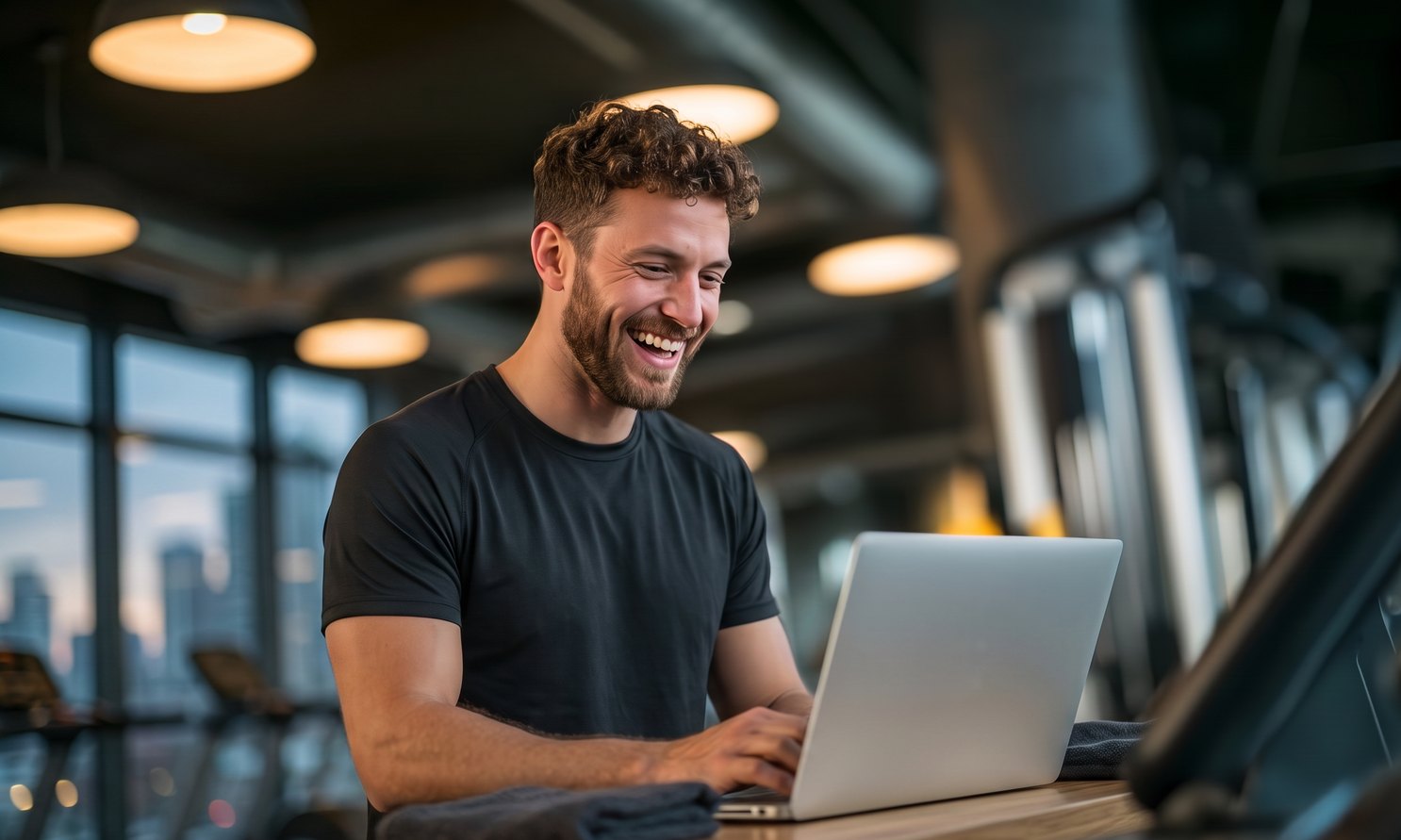 A gym owner working with Teeej on a laptop